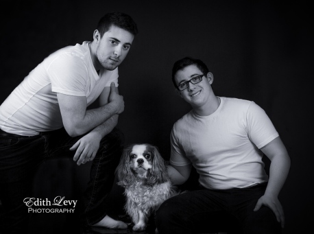 portraits, black and white, studio, family, brothers, Cavalier King Charles Spaniel, CKCS